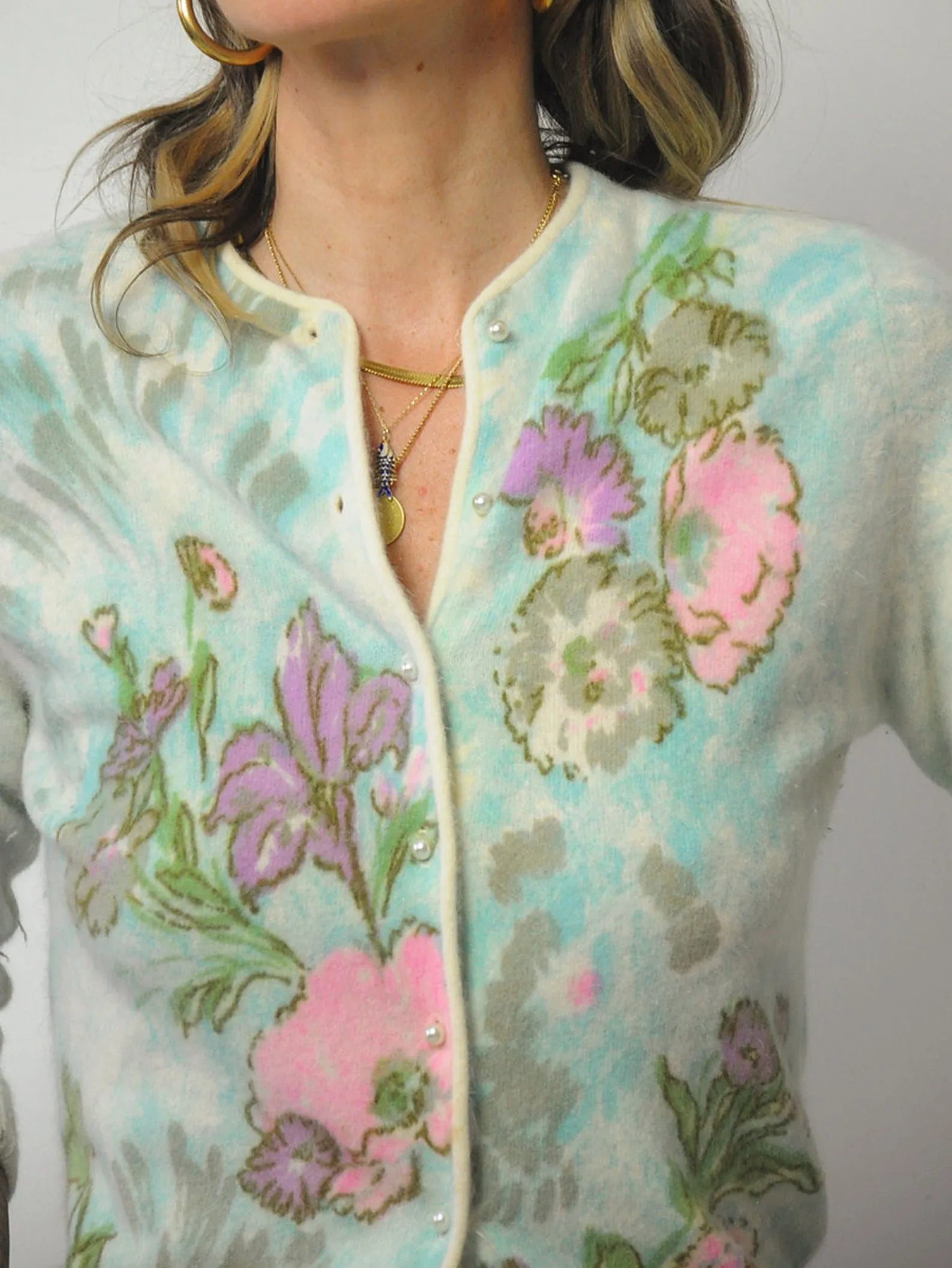 1950's Angora Hand Screen Printed Floral Cardigan