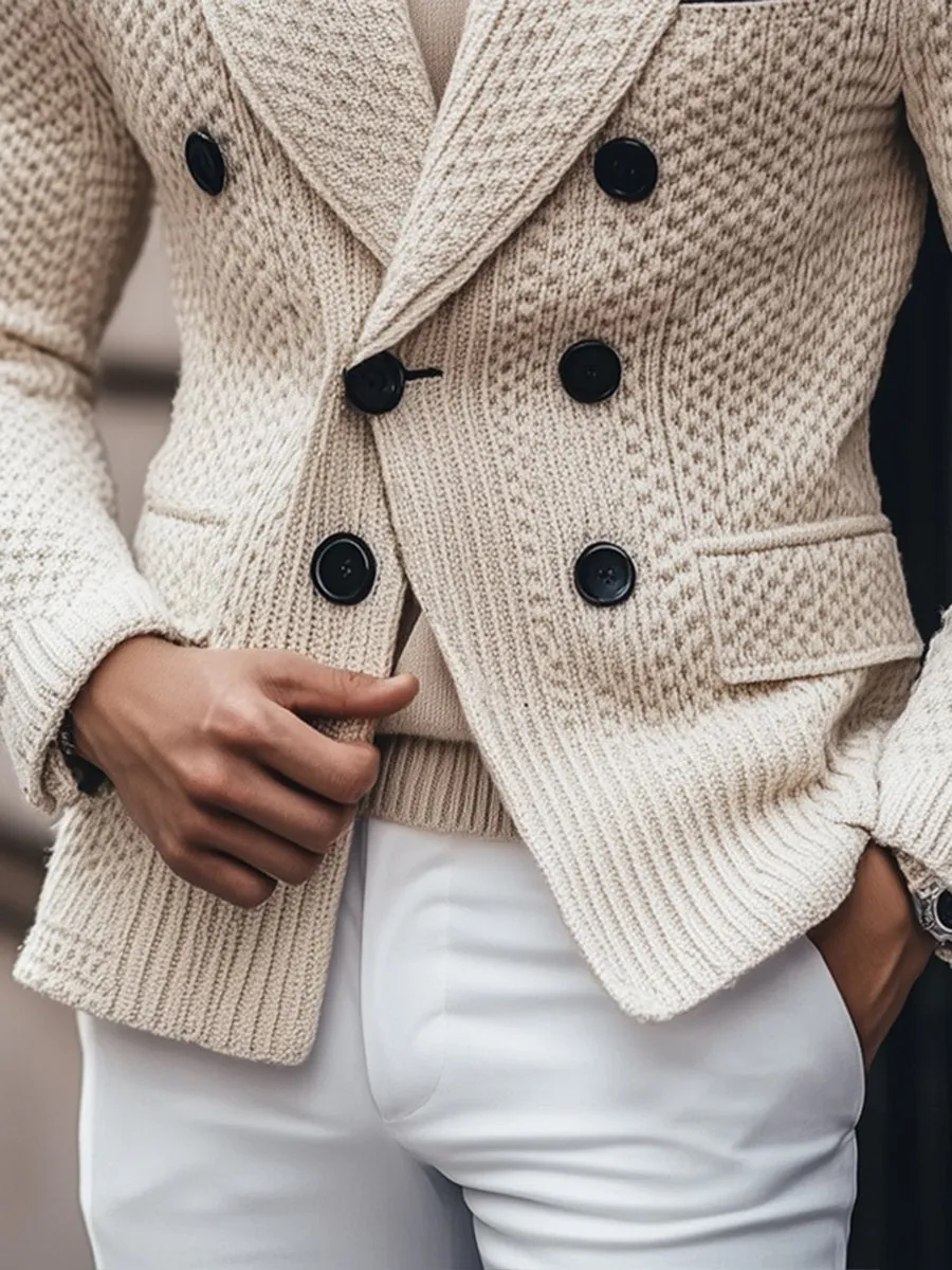 【24-hour shipping】Business 3 Pocket Lapel Vintage Double-breasted Knitted Blazer