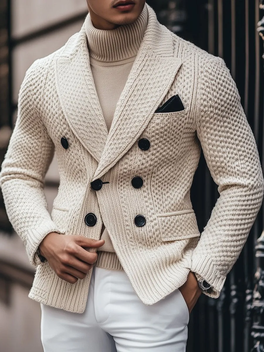 【24-hour shipping】Business 3 Pocket Lapel Vintage Double-breasted Knitted Blazer