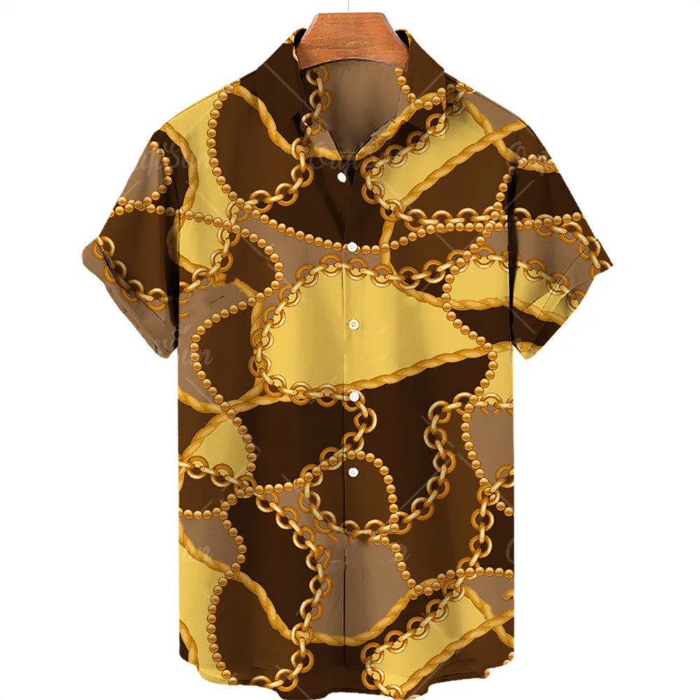 3D Digital Big Gold Chain Short Sleeve Shirt For Men