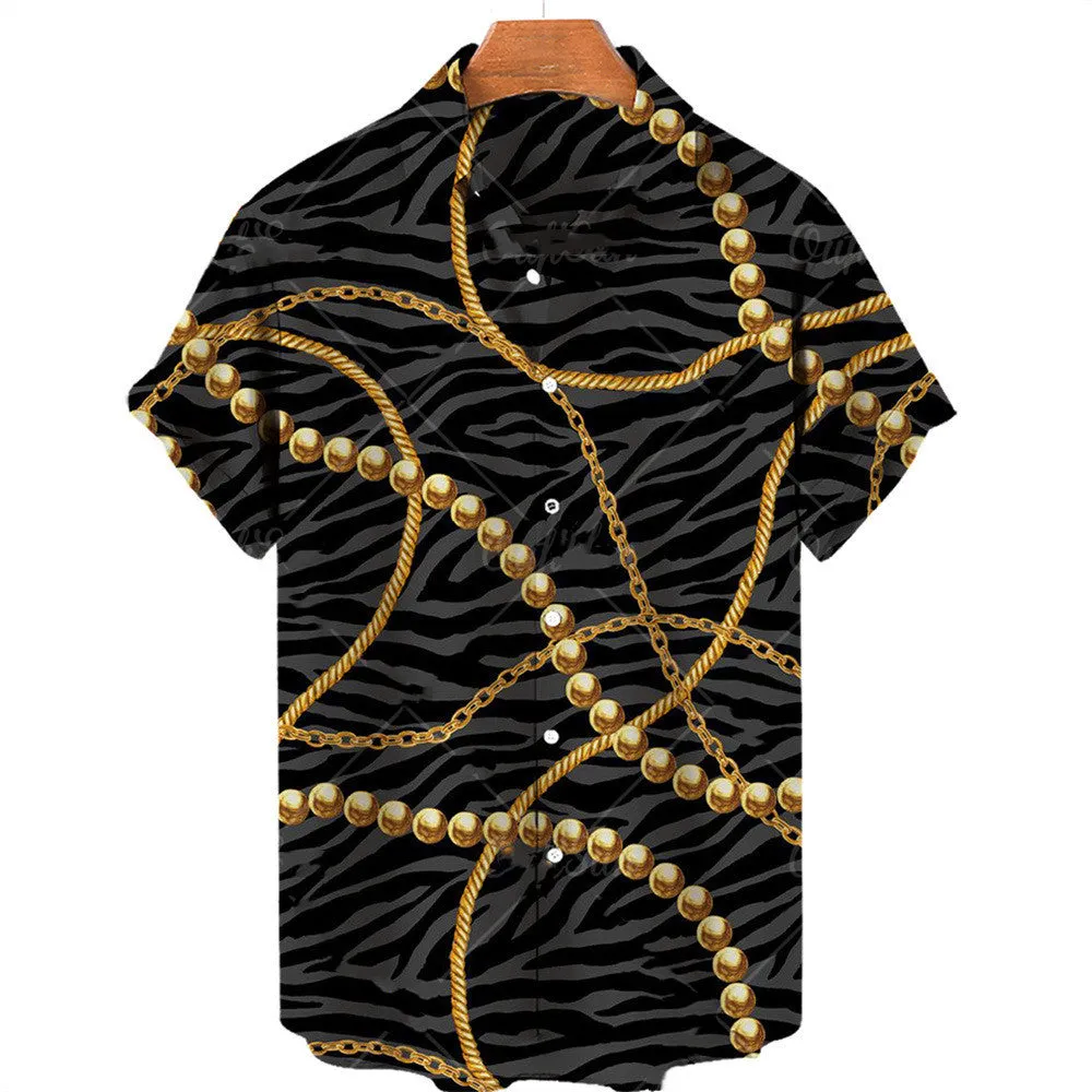 3D Digital Big Gold Chain Short Sleeve Shirt For Men