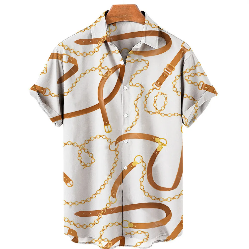 3D Digital Big Gold Chain Short Sleeve Shirt For Men