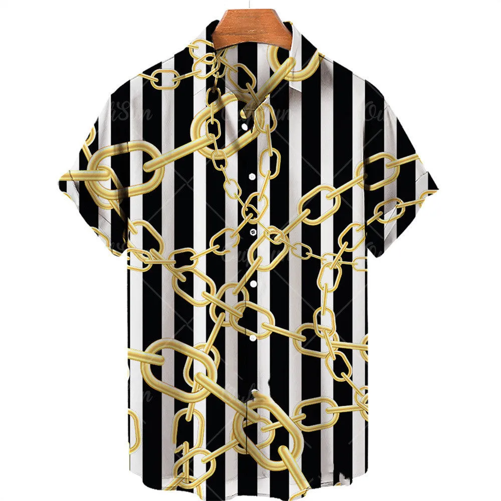 3D Digital Big Gold Chain Short Sleeve Shirt For Men