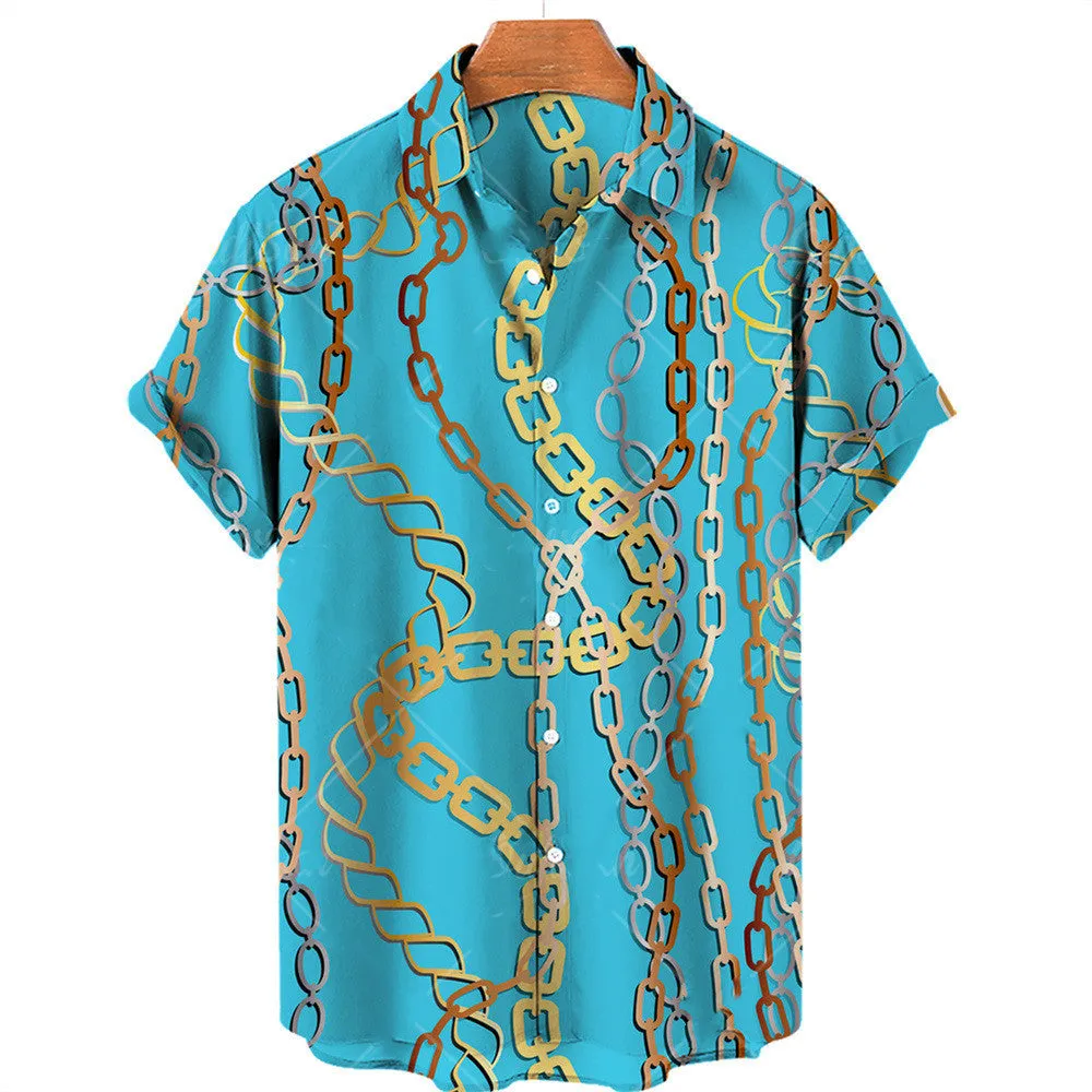 3D Digital Big Gold Chain Short Sleeve Shirt For Men