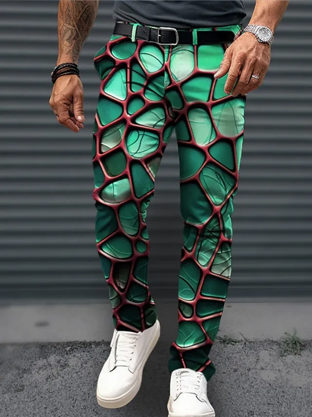 3D Optical Illusion Designer Pocket Business Casual Men's Dress Pants Blue Orange Green Streetwear S M L