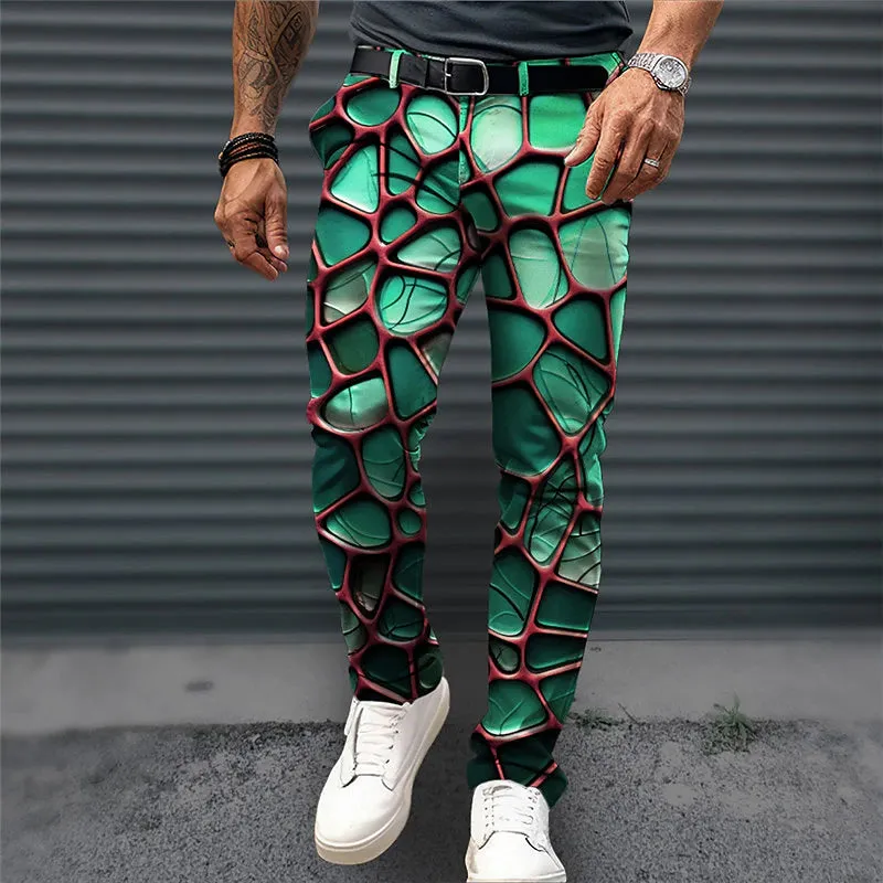 3D Optical Illusion Designer Pocket Business Casual Men's Dress Pants Blue Orange Green Streetwear S M L