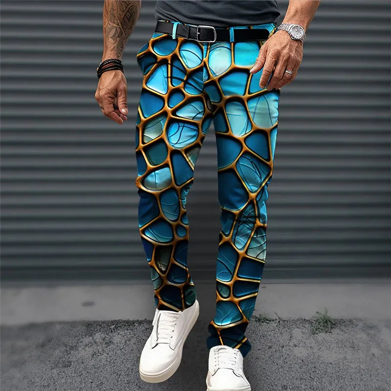 3D Optical Illusion Designer Pocket Business Casual Men's Dress Pants Blue Orange Green Streetwear S M L