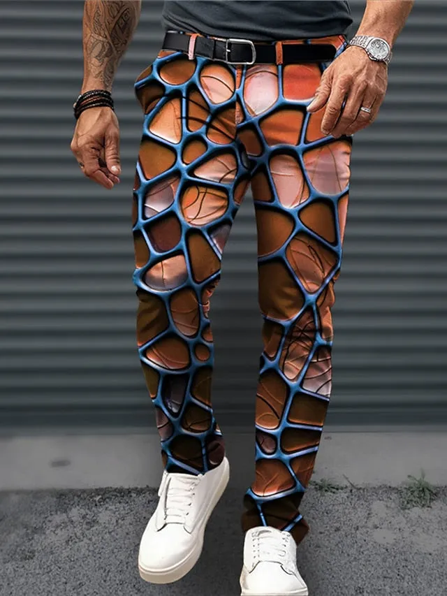 3D Optical Illusion Designer Pocket Business Casual Men's Dress Pants Blue Orange Green Streetwear S M L