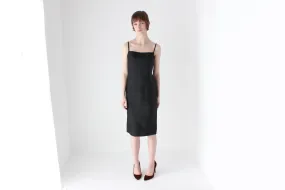 90s Pure Silk Minimal   Chic Straight Neck Black Sheath Dress