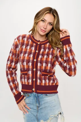 Abstract Plaid Tweed Print Long Sleeve Cardigan with Button Detail