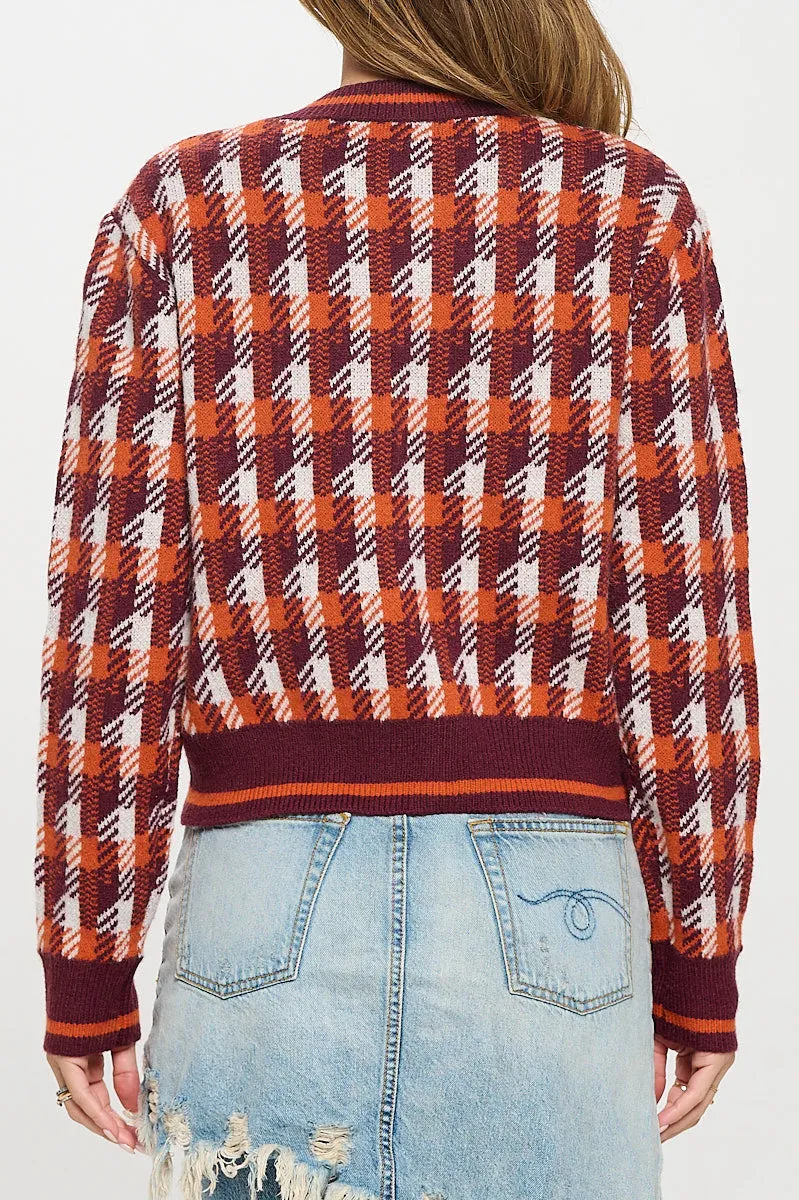 Abstract Plaid Tweed Print Long Sleeve Cardigan with Button Detail