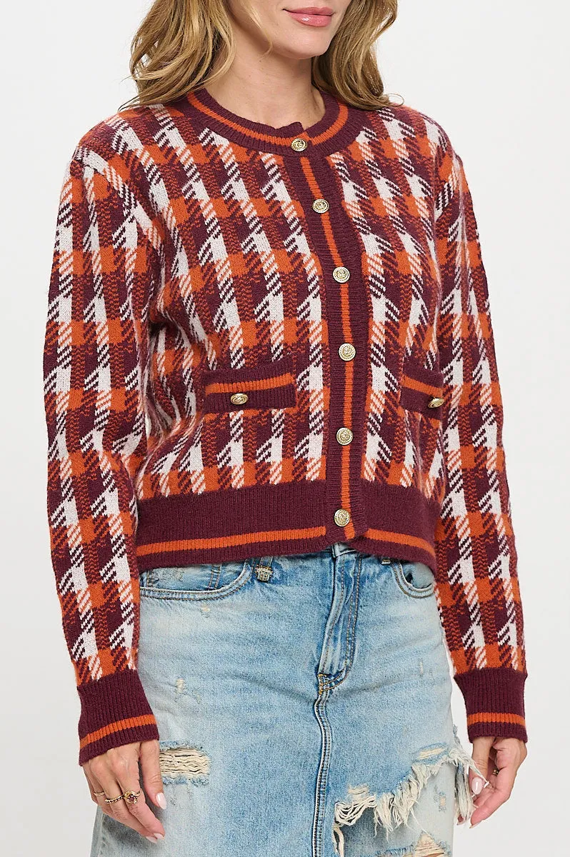 Abstract Plaid Tweed Print Long Sleeve Cardigan with Button Detail