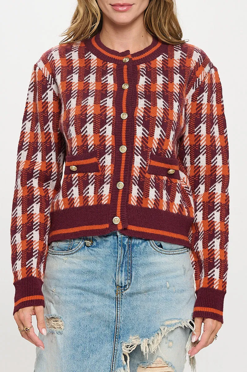 Abstract Plaid Tweed Print Long Sleeve Cardigan with Button Detail