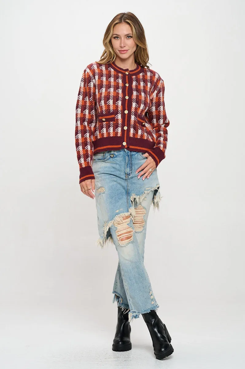 Abstract Plaid Tweed Print Long Sleeve Cardigan with Button Detail