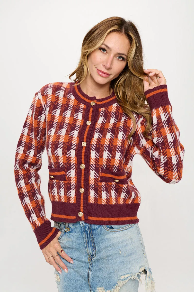 Abstract Plaid Tweed Print Long Sleeve Cardigan with Button Detail