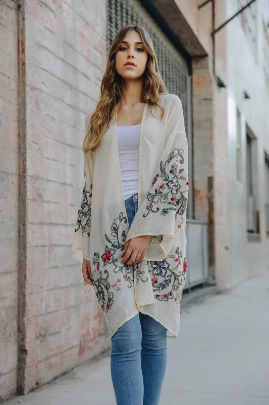 Adorned Floral Long Sleeve Kimono Cardigan