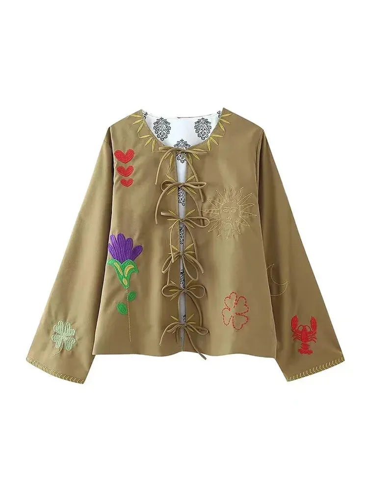 Advbridge Lace Up Hollow Out Print Embroidery Cardigan For Women Chic O-neck Long Sleeve Loose Coat 2024 New Lady Casual Outerwear