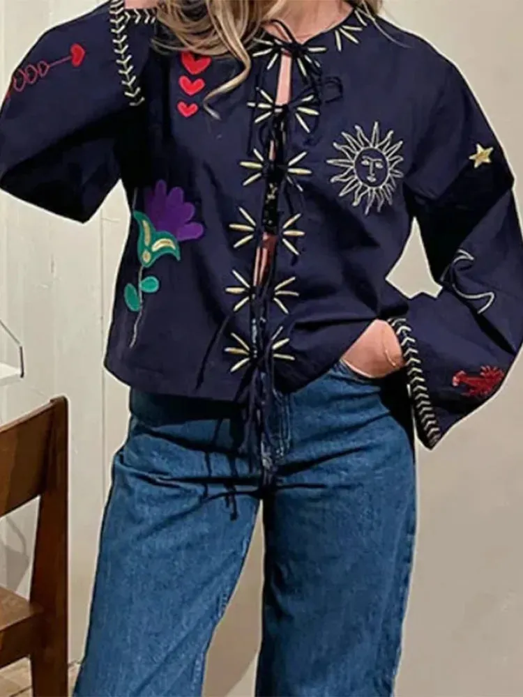 Advbridge Lace Up Hollow Out Print Embroidery Cardigan For Women Chic O-neck Long Sleeve Loose Coat 2024 New Lady Casual Outerwear