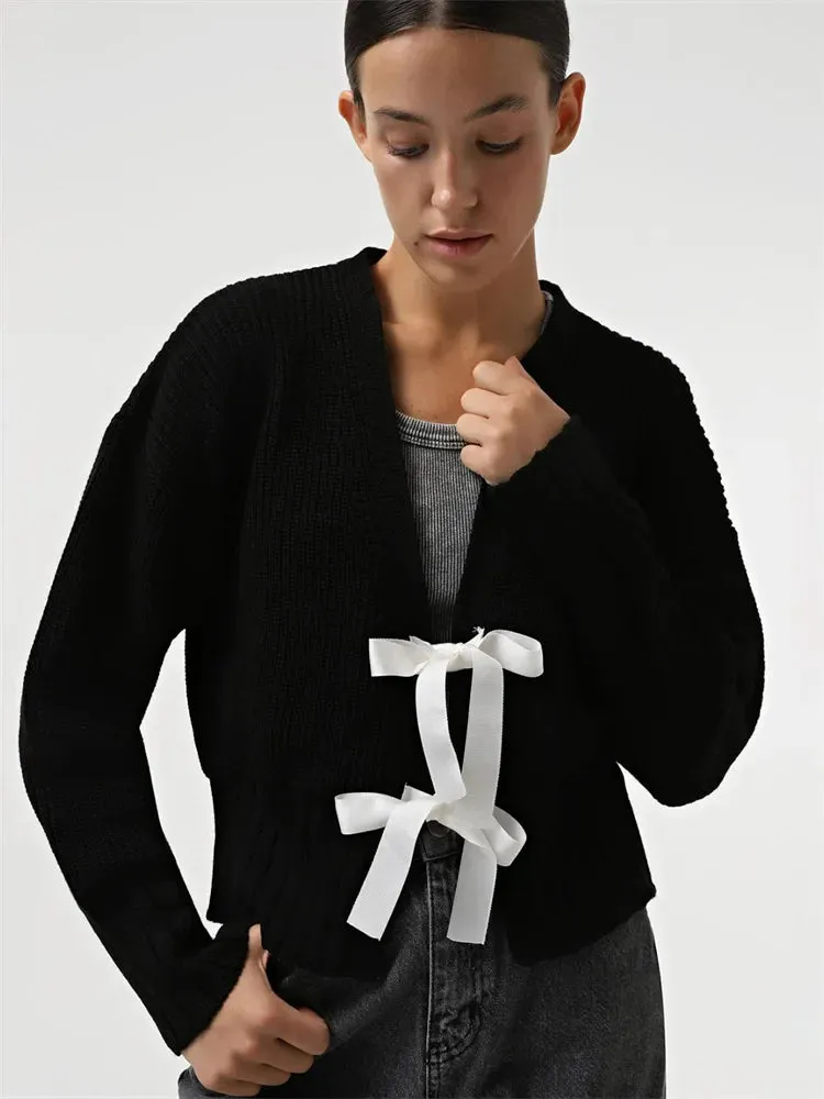 Amozae Autumn Knit Sweater Cardigan For Women Tee Bow Fashion Hollow Out Ribbed Patchwork Lace-Up Top Female Knitwear Cardigan