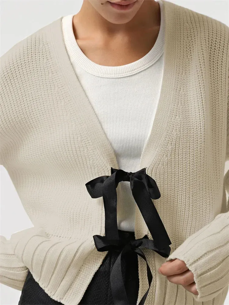 Amozae Autumn Knit Sweater Cardigan For Women Tee Bow Fashion Hollow Out Ribbed Patchwork Lace-Up Top Female Knitwear Cardigan