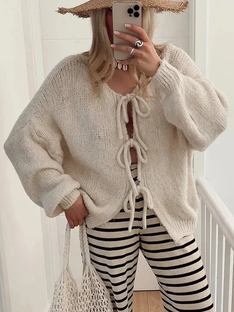 Amozae Knitwear Lace-Up Hollow Out Cardigan Top Women's Patchwork Fashion Autumn High Street Clothes Knit Y2k Bandage Cardigan