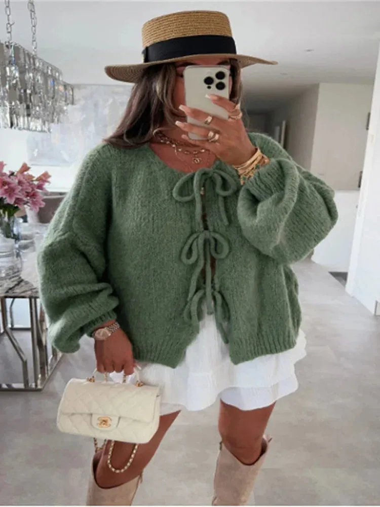 Amozae Knitwear Lace-Up Hollow Out Cardigan Top Women's Patchwork Fashion Autumn High Street Clothes Knit Y2k Bandage Cardigan