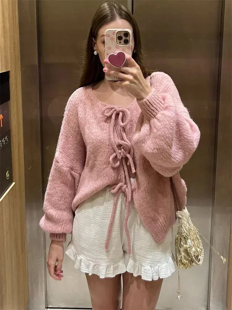 Amozae Knitwear Lace-Up Hollow Out Cardigan Top Women's Patchwork Fashion Autumn High Street Clothes Knit Y2k Bandage Cardigan