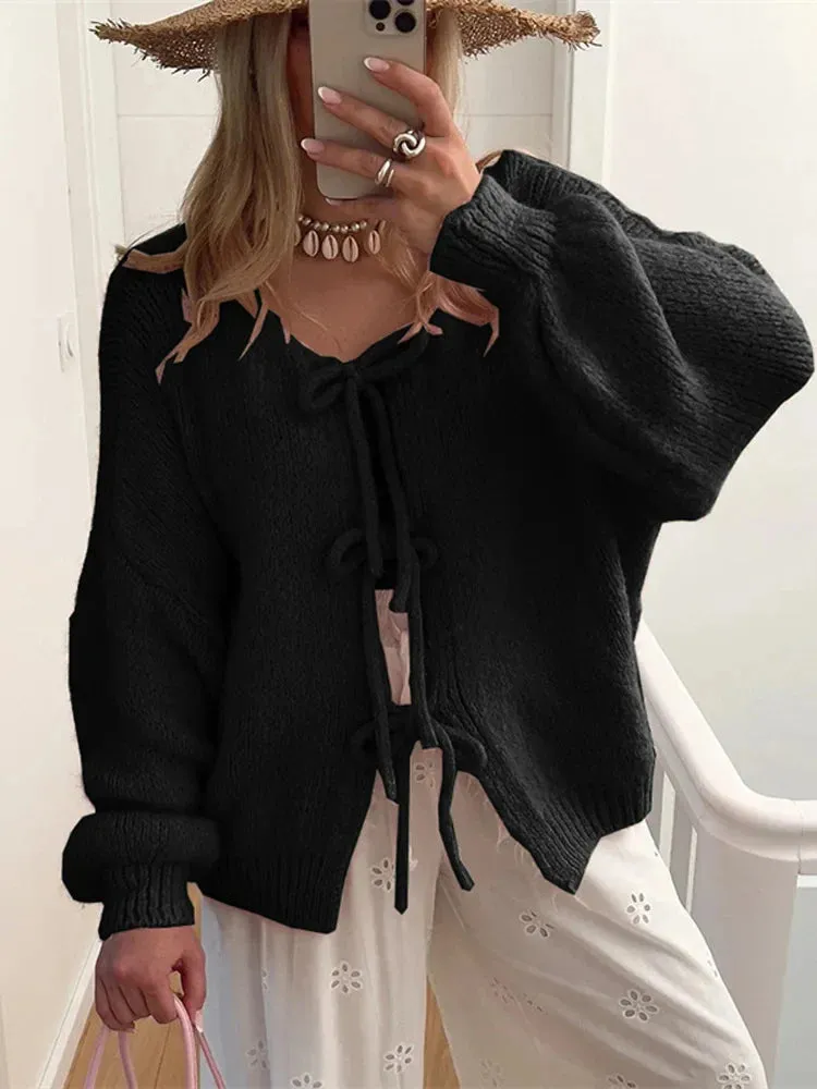 Amozae Knitwear Lace-Up Hollow Out Cardigan Top Women's Patchwork Fashion Autumn High Street Clothes Knit Y2k Bandage Cardigan