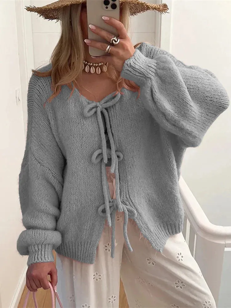 Amozae Knitwear Lace-Up Hollow Out Cardigan Top Women's Patchwork Fashion Autumn High Street Clothes Knit Y2k Bandage Cardigan