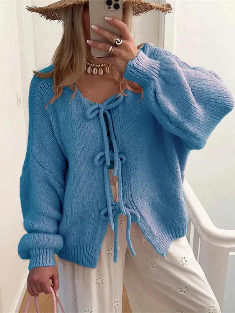 Amozae Knitwear Lace-Up Hollow Out Cardigan Top Women's Patchwork Fashion Autumn High Street Clothes Knit Y2k Bandage Cardigan