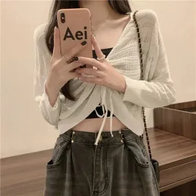 Autumn Solid Color Slim Cardigan Woman Sweet Ladies Hollow Out Cardigan Pink White Green Black Knitted Cardigan Women Chic