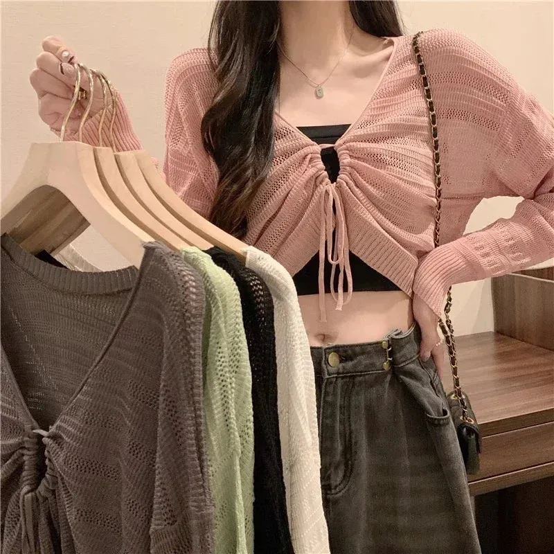 Autumn Solid Color Slim Cardigan Woman Sweet Ladies Hollow Out Cardigan Pink White Green Black Knitted Cardigan Women Chic