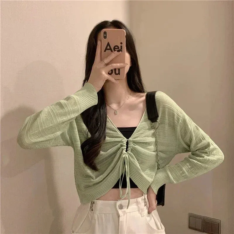 Autumn Solid Color Slim Cardigan Woman Sweet Ladies Hollow Out Cardigan Pink White Green Black Knitted Cardigan Women Chic