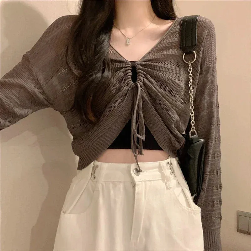 Autumn Solid Color Slim Cardigan Woman Sweet Ladies Hollow Out Cardigan Pink White Green Black Knitted Cardigan Women Chic