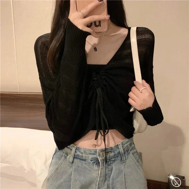 Autumn Solid Color Slim Cardigan Woman Sweet Ladies Hollow Out Cardigan Pink White Green Black Knitted Cardigan Women Chic