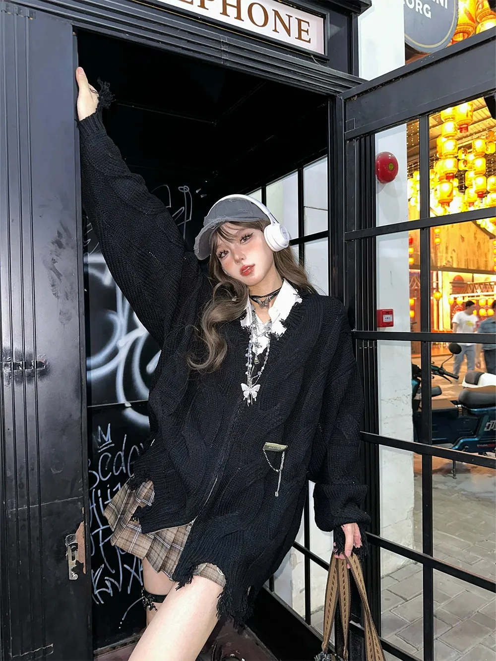 Autumn Winter Twist Knit Sweater V-Neck Knit Cardigan Multicolor