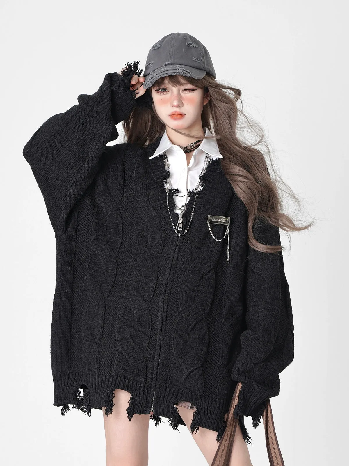 Autumn Winter Twist Knit Sweater V-Neck Knit Cardigan Multicolor
