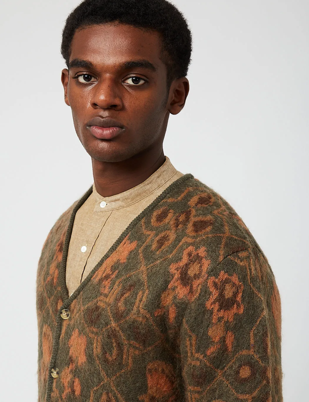 Beams Plus Botanical Pattern Jacquard Cardigan - Olive Green