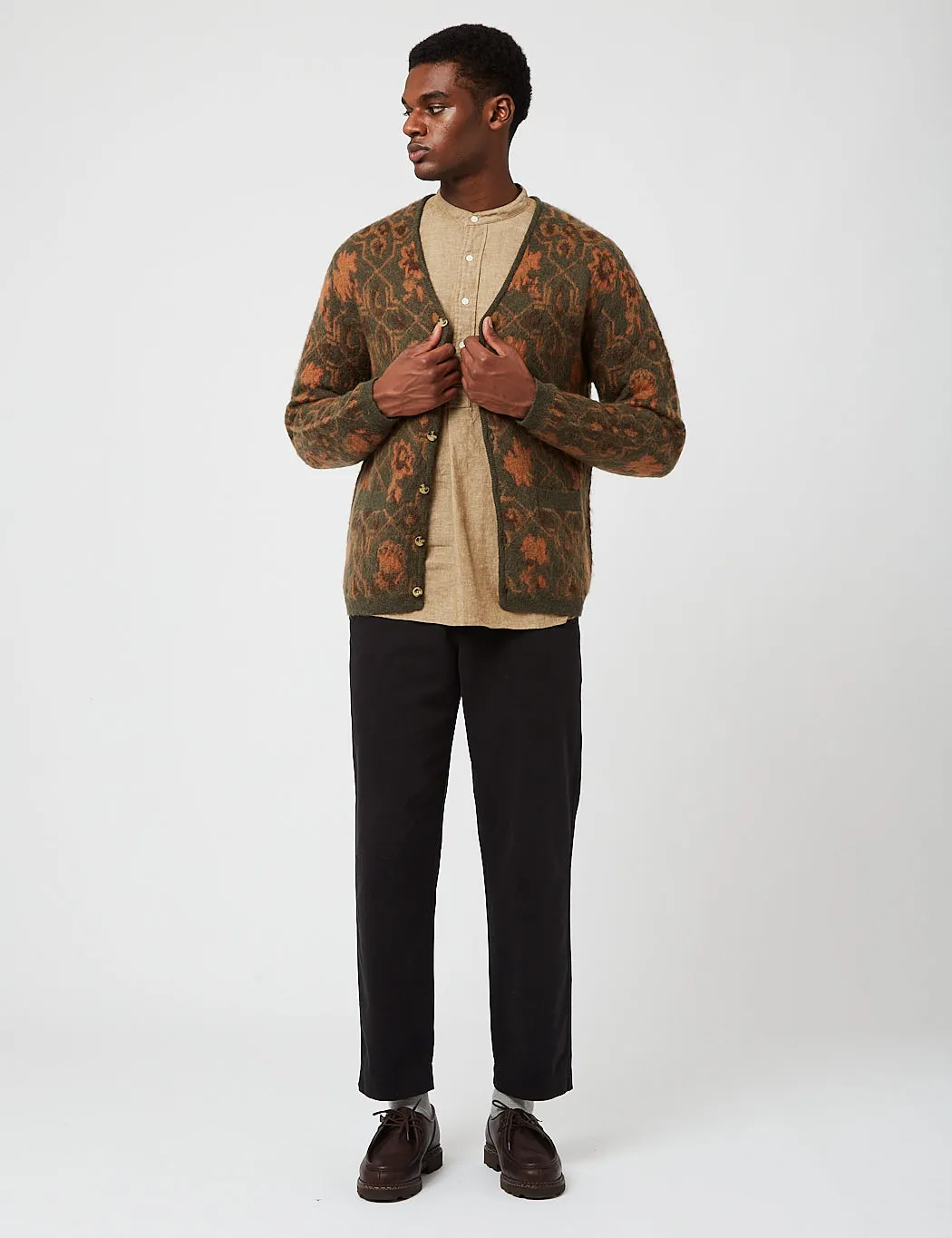 Beams Plus Botanical Pattern Jacquard Cardigan - Olive Green