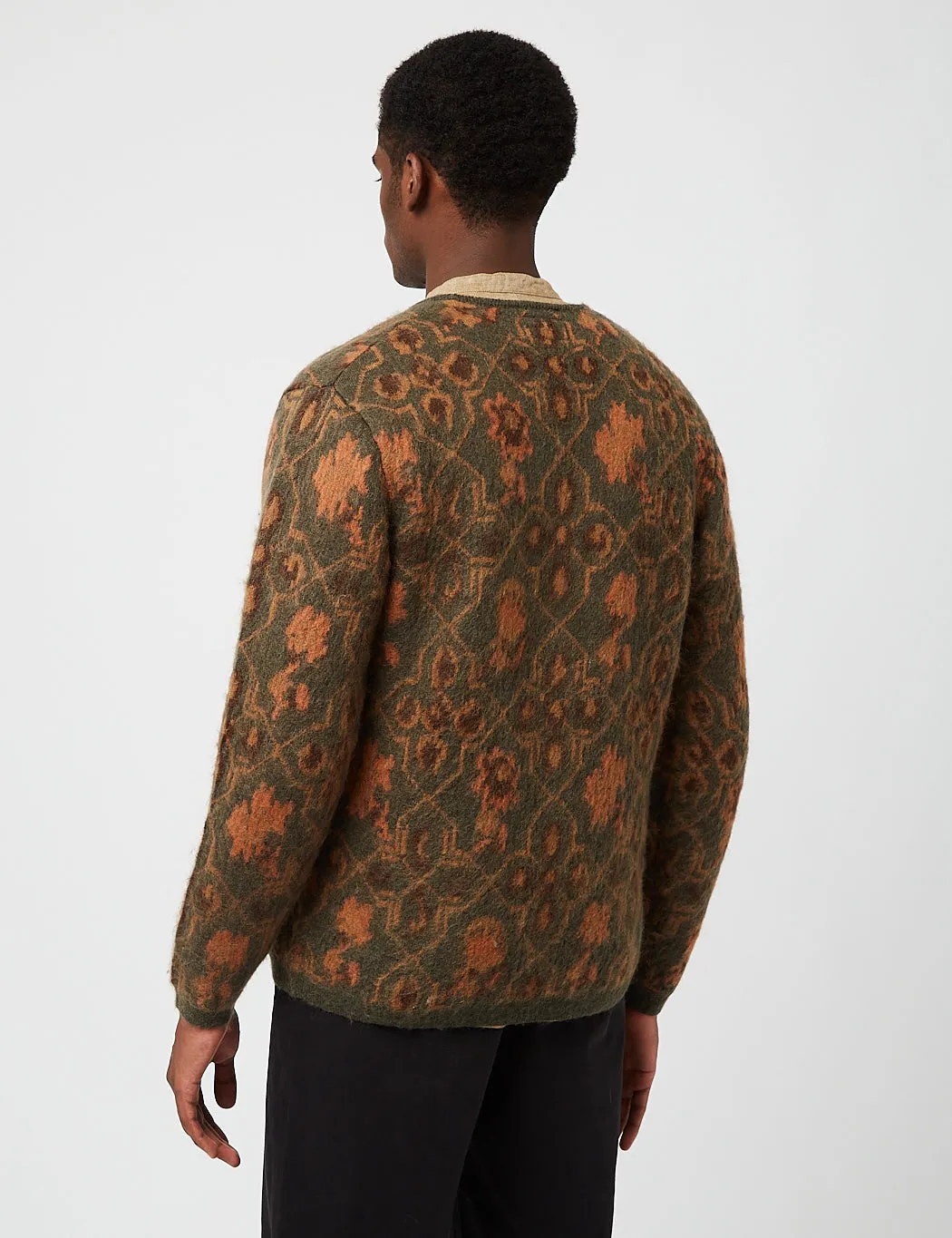 Beams Plus Botanical Pattern Jacquard Cardigan - Olive Green