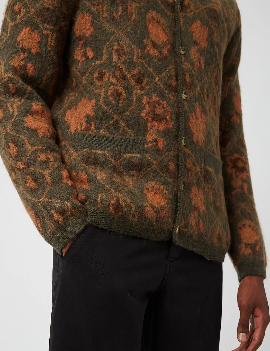 Beams Plus Botanical Pattern Jacquard Cardigan - Olive Green
