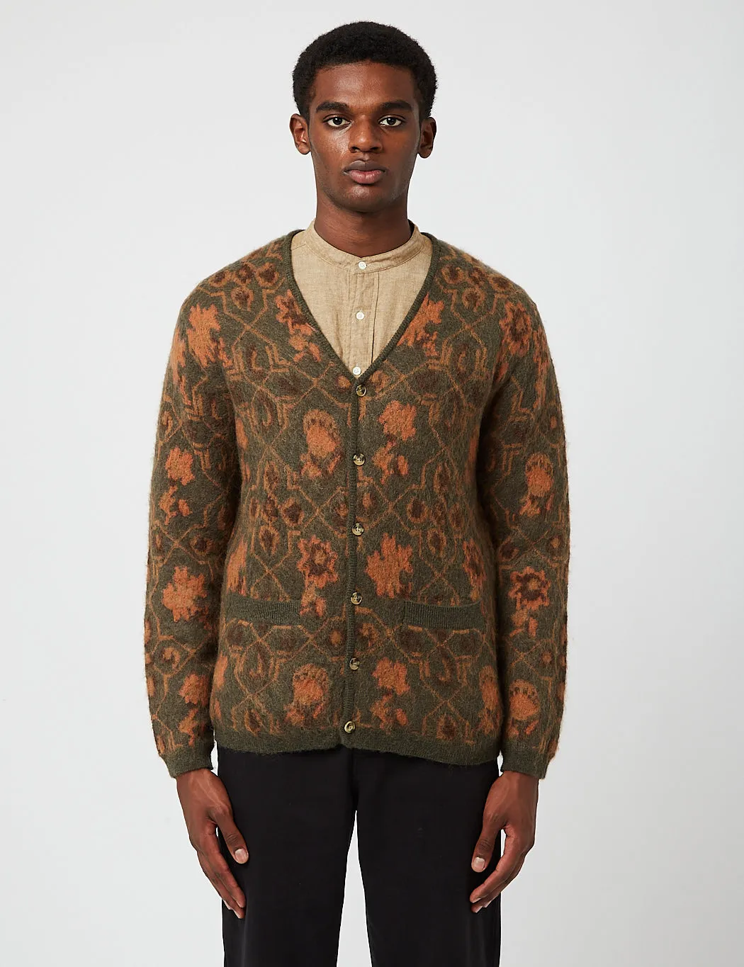 Beams Plus Botanical Pattern Jacquard Cardigan - Olive Green