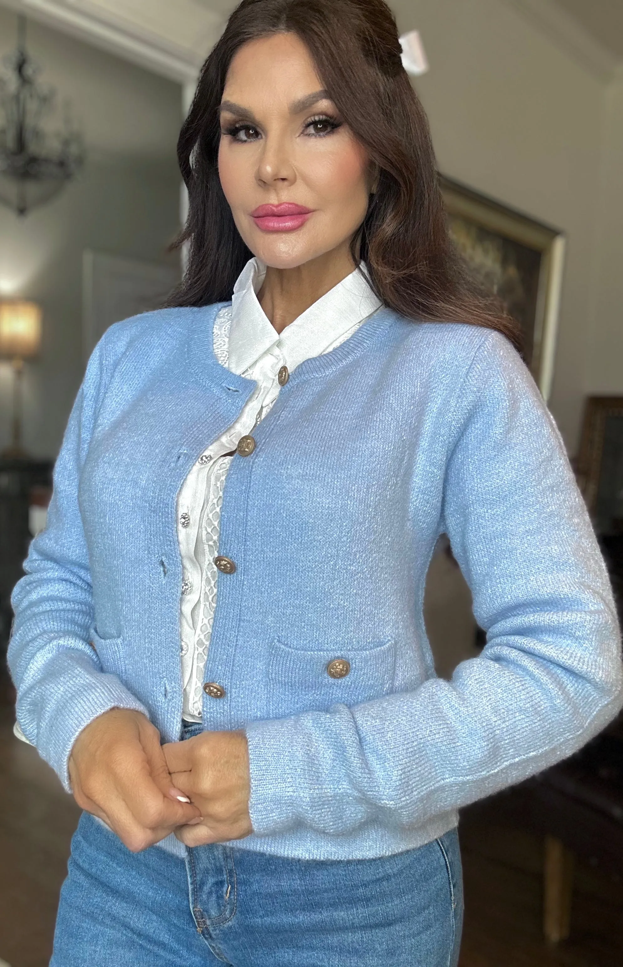 Beth Powder Blue round neck cardigan with baroque buttons
