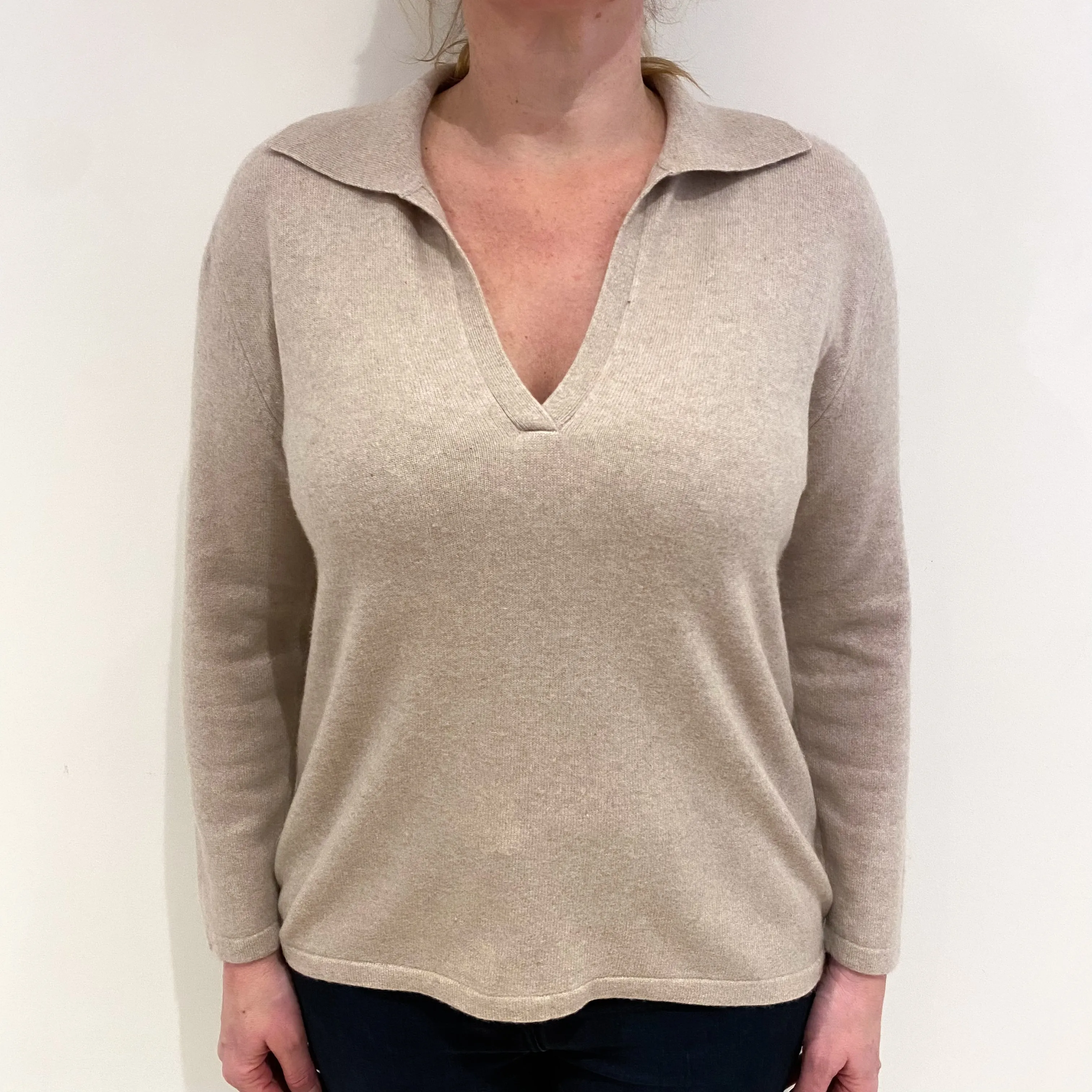Biscuit Beige Cashmere Collared V Neck Jumper Large