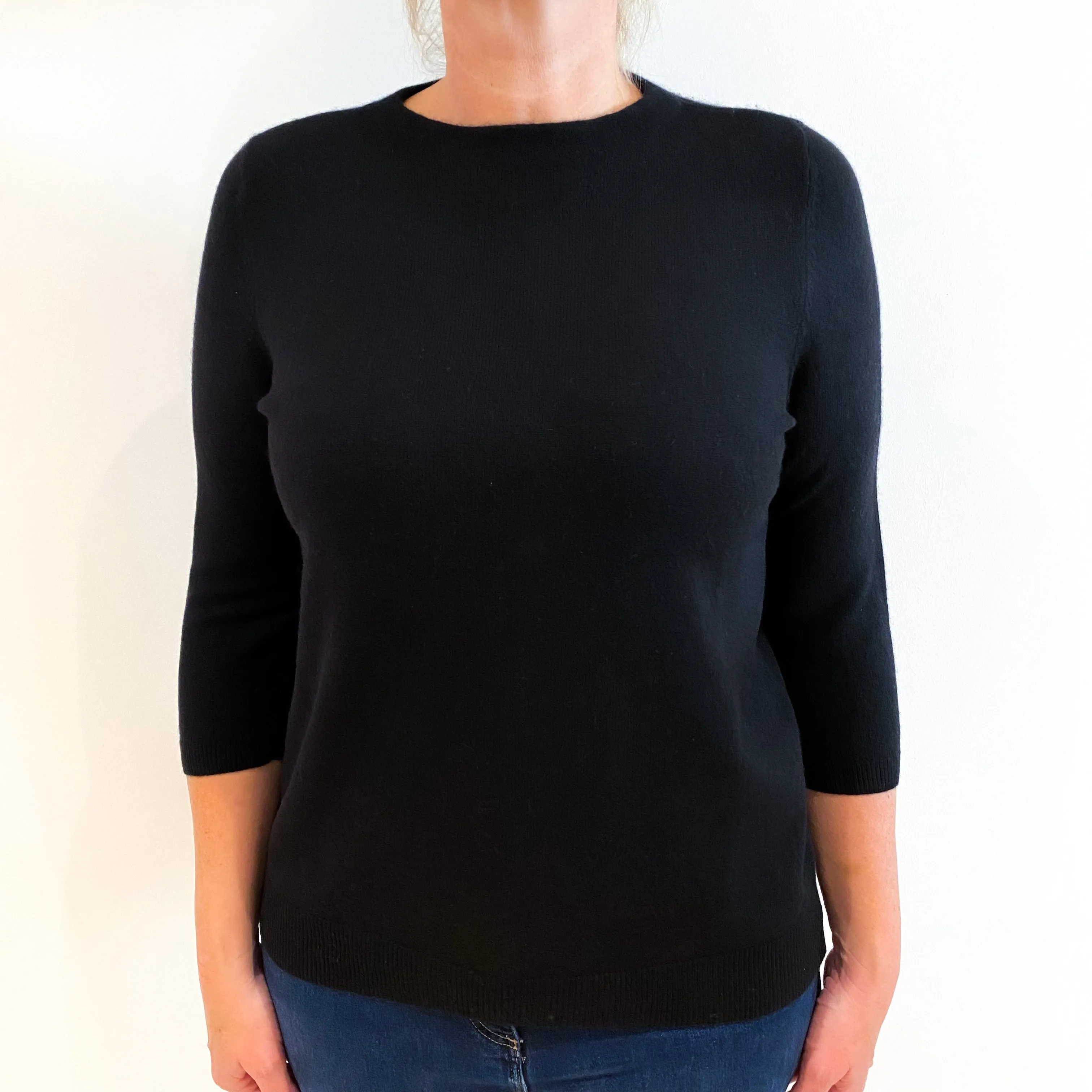 Black 3/4 Sleeved Cashmere Crew Neck Jumper Large