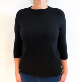 Black 3/4 Sleeved Cashmere Crew Neck Jumper Large