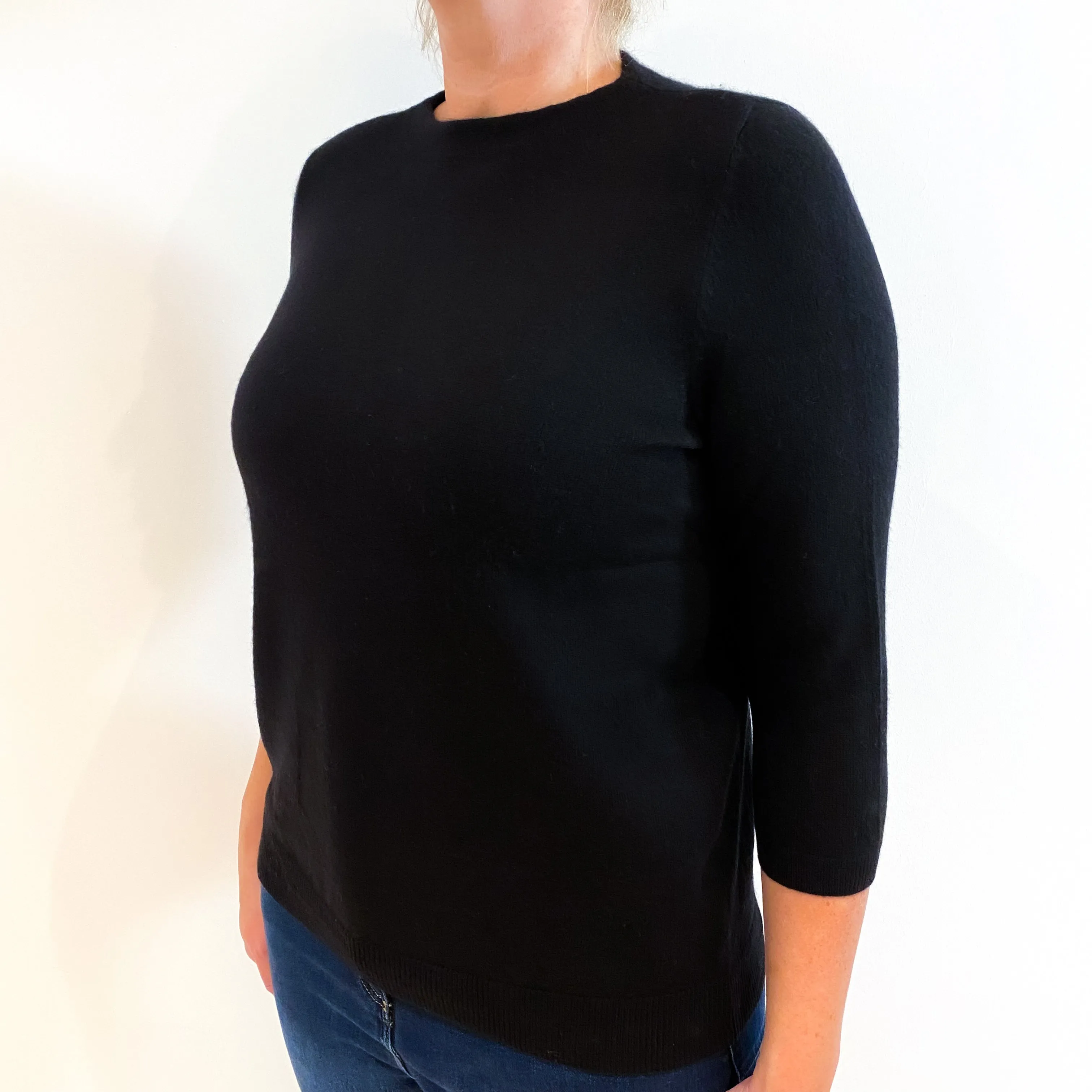 Black 3/4 Sleeved Cashmere Crew Neck Jumper Large