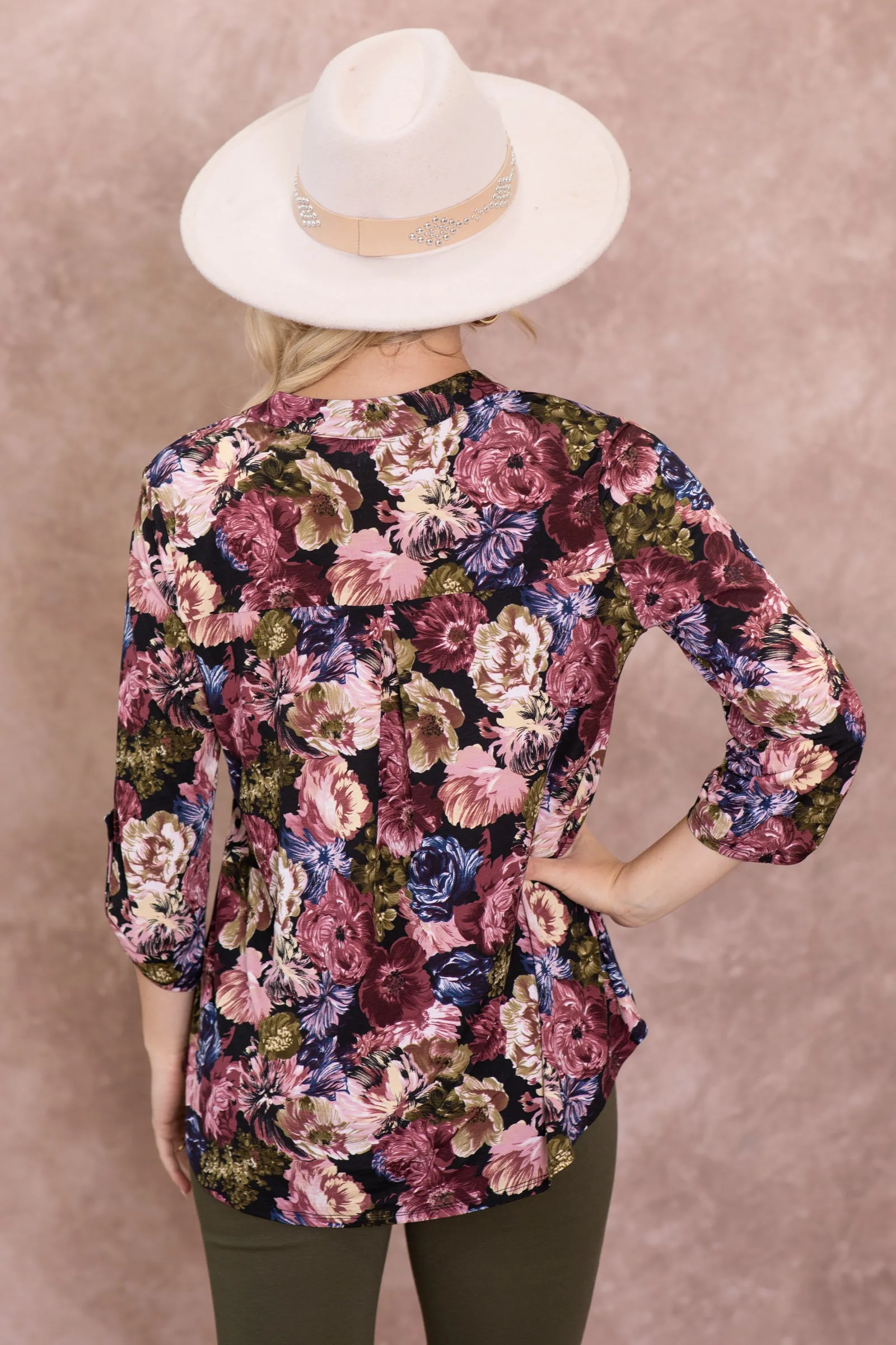 Black And Olive Floral Wrinkle Free Lizzy Top