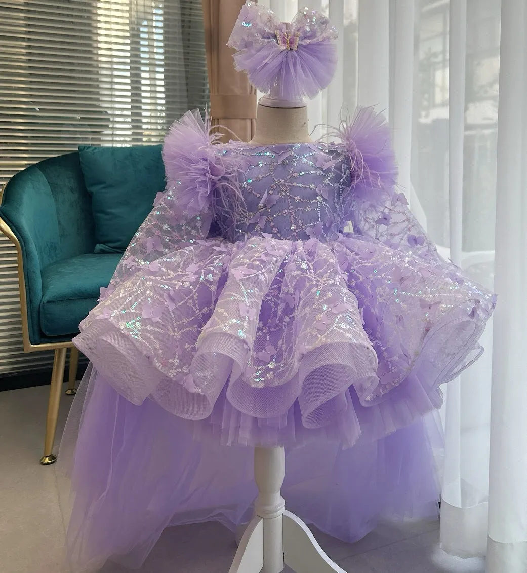 Bow flower Dress for girls Baby birthday party Princess dress tail can be removed Colors can be customized