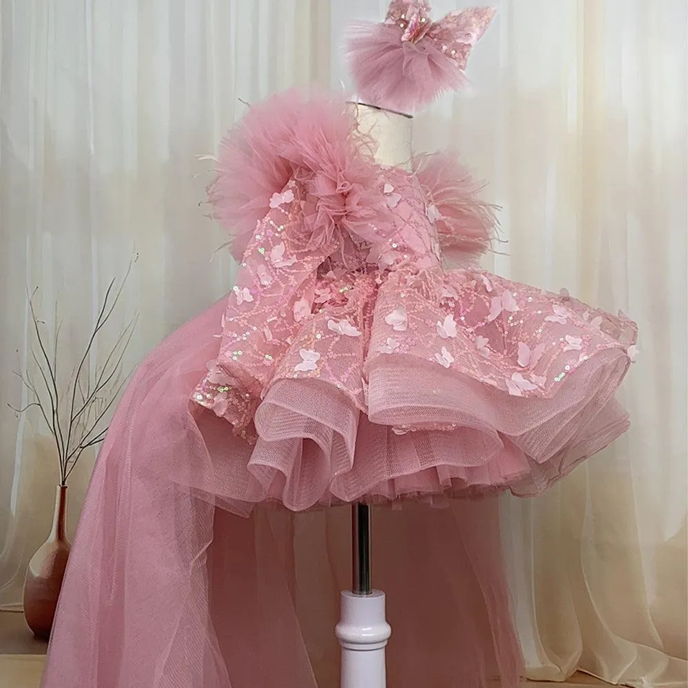 Bow flower Dress for girls Baby birthday party Princess dress tail can be removed Colors can be customized